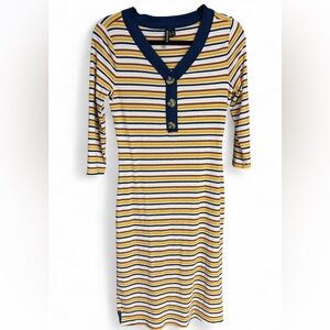 Kristin Nicole Blue/Yellow Striped V-Neck Long 41" Button Womens Dress Dress SzM